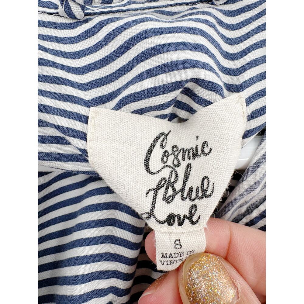 COSMIC BLUE LOVE Top Size S Blue White Stripe Navy Button Down Collar Resort - Picture 3 of 5